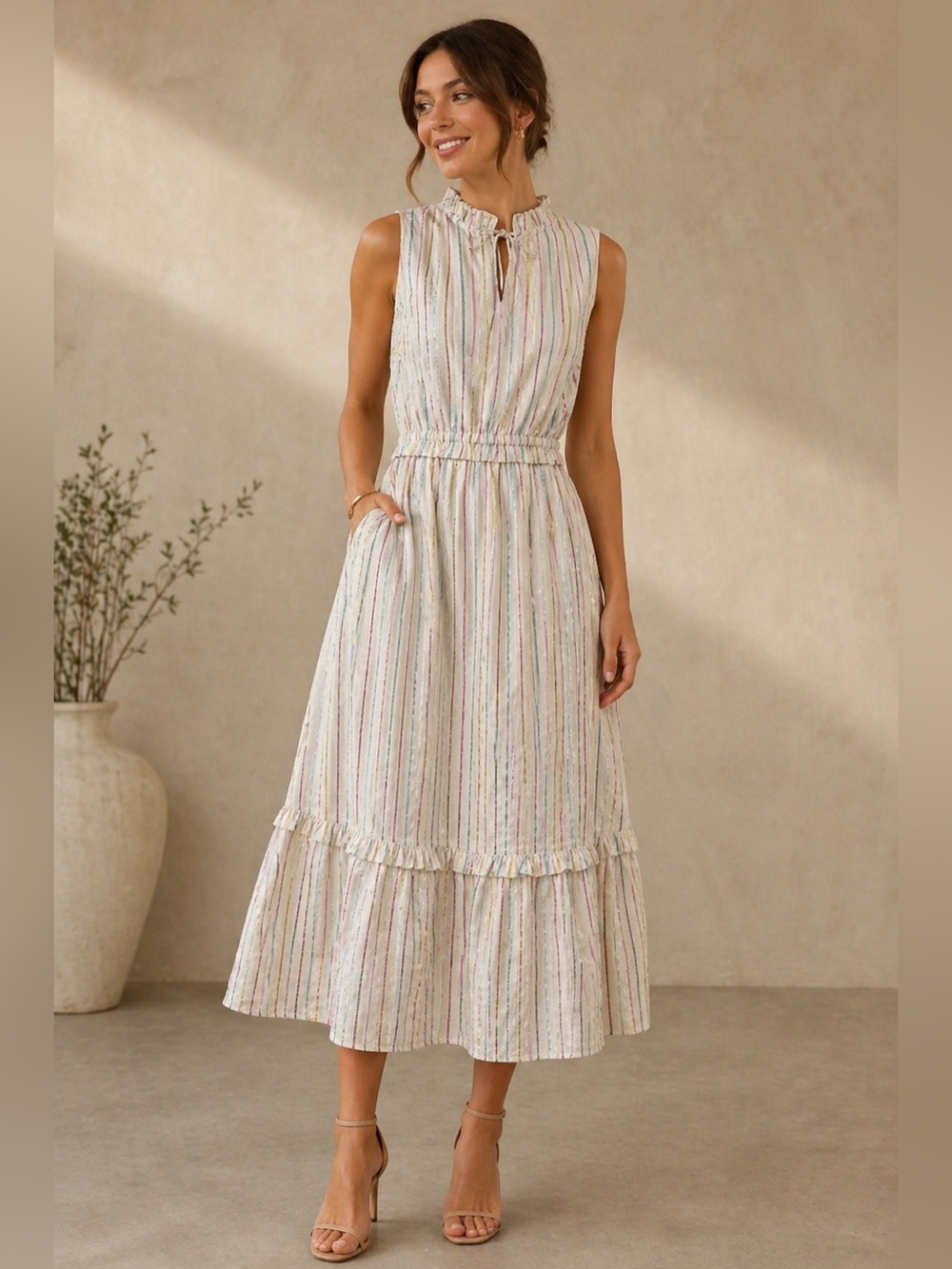 J. Crew Factory Sleeveless Cream Maxi Dress with Pastel Stripes